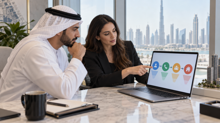 UAE Real Estate Lead Quality Scorecard: From CPL to Booked Viewing 13 UAE real estate marketing team reviewing a lead quality scorecard and sales funnel