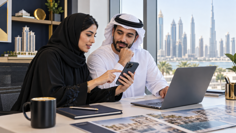 UAE real estate couple discussing a property enquiry on WhatsApp with an agent