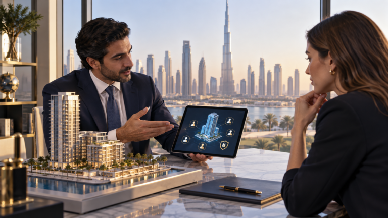 Dubai property advisor explaining a secure digital real estate ownership model to a client