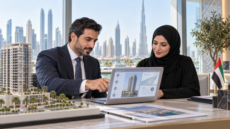 Dubai developer and consultant reviewing a digital project registration interface and building model