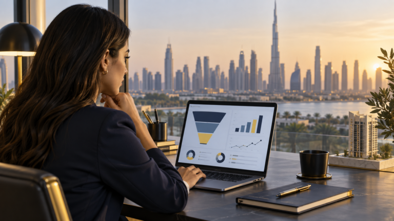 Real estate marketer reviewing a lead quality funnel and sales performance dashboard