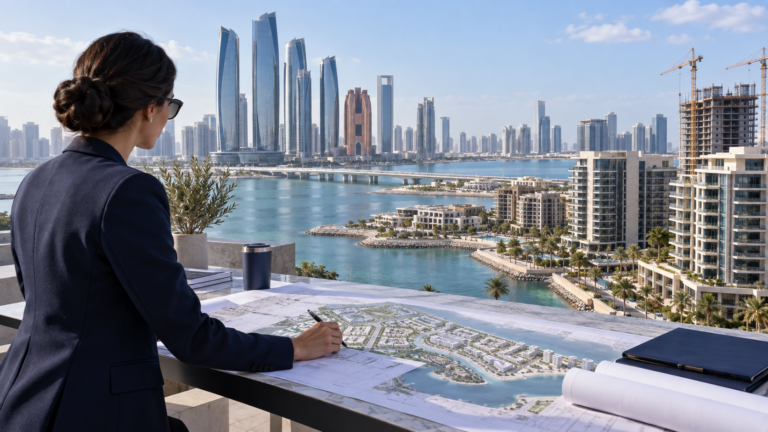 Abu Dhabi real estate strategist reviewing a residential waterfront development plan