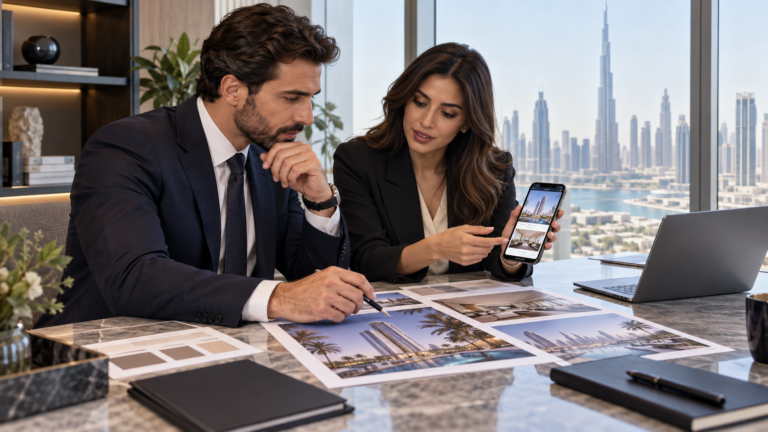Dubai real estate marketing team reviewing property advertising permit approvals