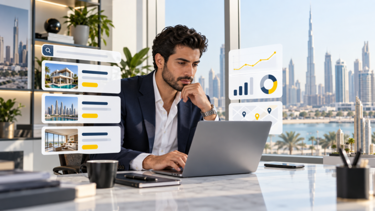 UAE real estate search specialist reviewing property search campaign cards and performance data