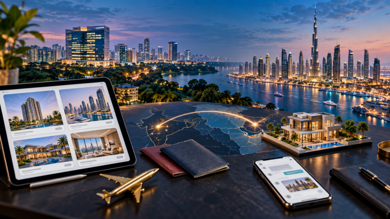 India-to-Dubai Property Marketing: A Buyer Journey for Brokerages in 2026 10 India-to-Dubai property investor journey with Bengaluru and Dubai skylines, property listings and messaging touchpoints.