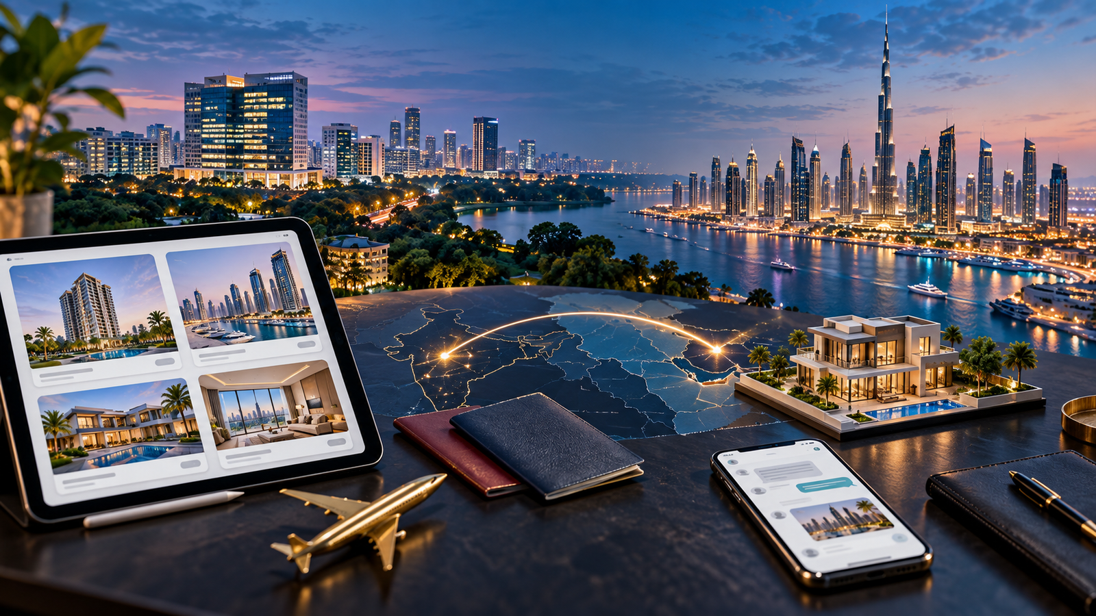 India-to-Dubai property investor journey with Bengaluru and Dubai skylines, property listings and messaging touchpoints.