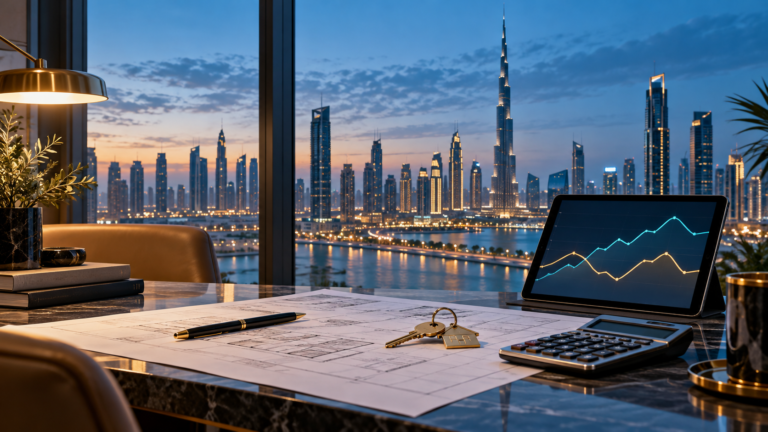 UAE Mortgage Rate Marketing: How Property Campaigns Should Use EIBOR in 2026 11 UAE property mortgage planning desk with Dubai skyline, calculator and interest-rate chart in Digital Boost teal and navy.