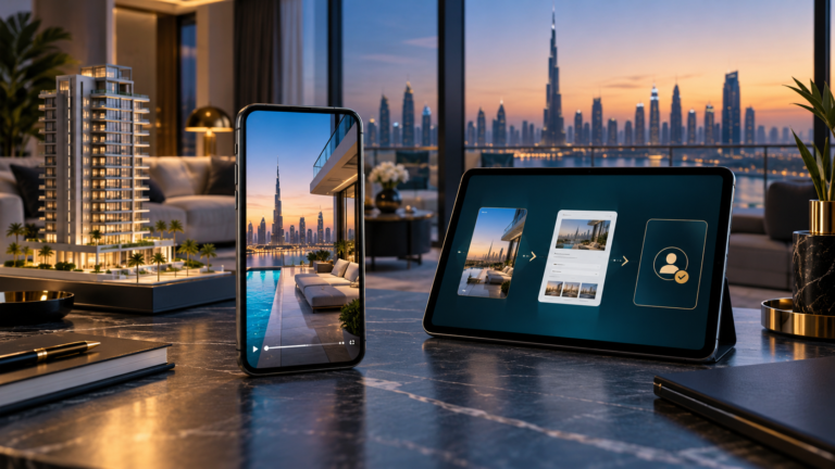 Google Demand Gen for UAE Property Marketing: A 9:16 Video-to-Lead Playbook 9 Mobile-first UAE property campaign showing vertical video, landing-page journey and qualified lead handoff against a Dubai skyline.